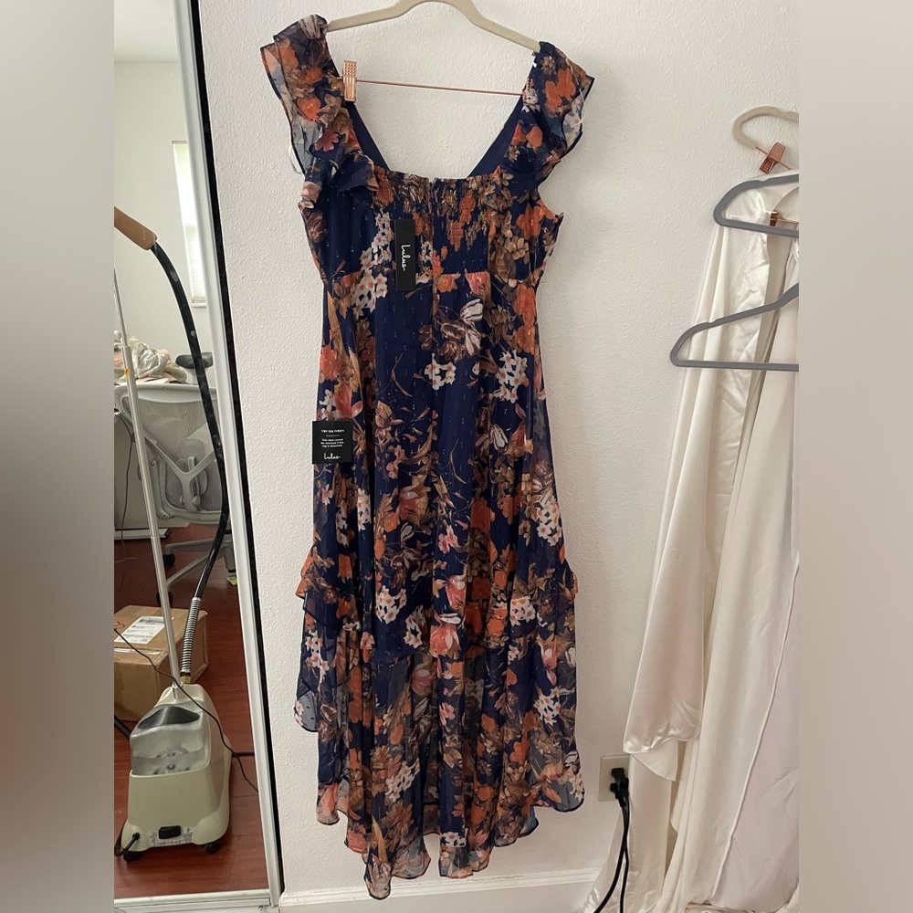 Lulu's Reflection Navy Blue Floral Print High-Low Spaghetti  Dress L